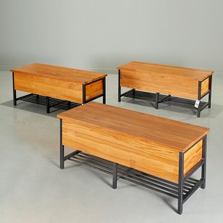 (3) Crate & Barrel "Teca" storage trunk-benches