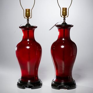 Pair Chinese style red acrylic vase lamps