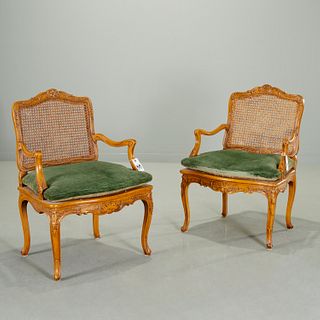 Pair old Louis XV style caned fauteuils