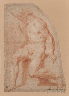 Bolognese School, 17th Century      Fragmentary Drawing of a Male Nude with Right Arm Raised