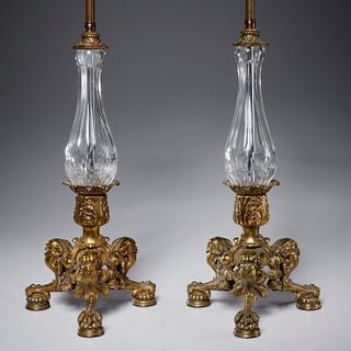 Pair Renaissance Revival bronze and glass lamps