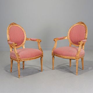 Pair Louis XVI style custom upholstered fauteuils