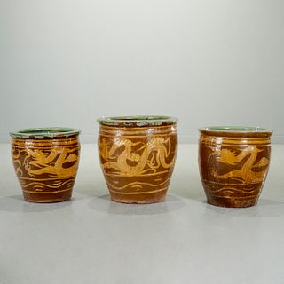 (3) Chinese brown glazed earthenware jardinieres