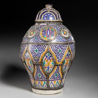 Large antique Moroccan metal-mounted urn