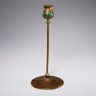 Tiffany Studios bronze & Favrile glass candlestick