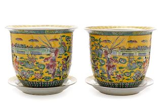Pair, Chinese Famille Jaune Porcelain Jardinieres