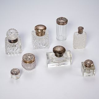 Group (8) antique inkwells, powder jars, & perfume