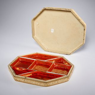 Chinese porcelain condiment set in lacquer case