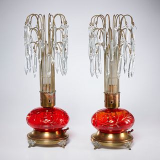 Pair vintage ruby glass luster spray lamps