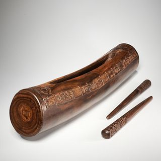 Carved wood slit gong / drum and beaters