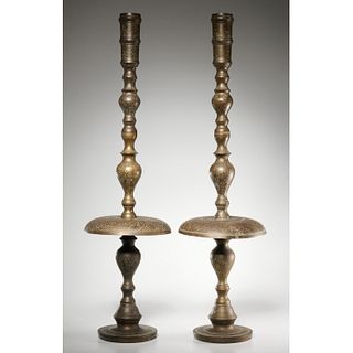 Pair Islamic style brass floor-height candlesticks