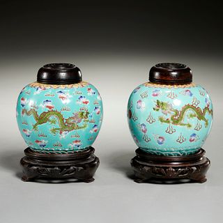 Pair Chinese Dayazhai turquoise ground jars