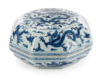 Chinese Blue & White Octagonal Lidded Box, Marked