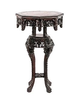 Chinese Marble Inset Carved Pedestal Table