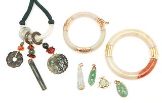 Grouping of Ladies Jade Jewelry, incl. 14K Hinged Bangle Bracelets, 7 pcs.