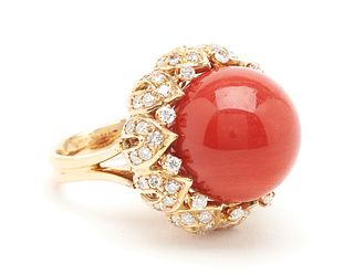 Ladies 18K Coral & Diamond Ring