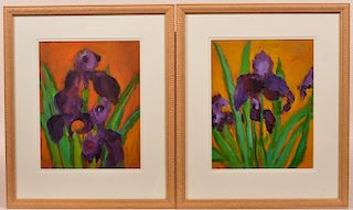 Pair of Suk Shuglie Iris Still Life Oil Paintings.
