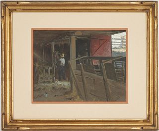 Henry Keller Watercolor & Gouache Painting, Man in Barn