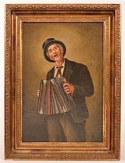 Oil on Canvas Painting  Man Playing Accordion.