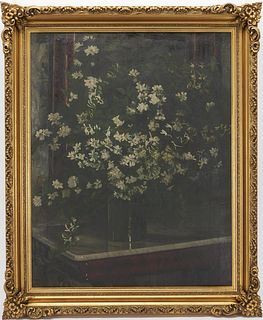 19th c. Still Life, White Flowers on a Marble Topped Table