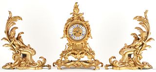 Pair Louis XV Style Bronze Chenets & French Rococo Style Bronze Clock