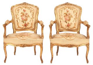 Pair of French Louis XV Style Fauteuils or Armchairs