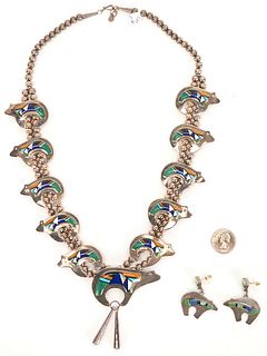 Navajo Silver & Multistone Bear Squash Blossom Necklace & Bear Earrings