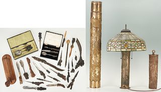 32 WWI Trench Art Items, incl. Artillery Shell Lamp, Vases