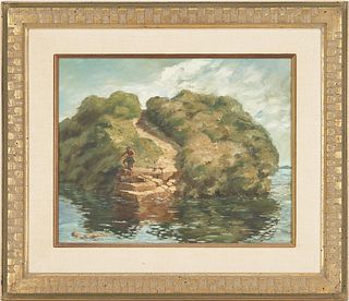 WPA Oil on Board Painting, Blue Gill Fishing