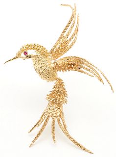 18K Gold & Ruby Hummingbird Brooch
