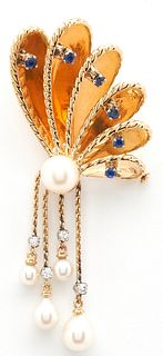 18K Pearl Diamond & Sapphire Brooch