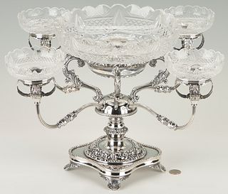 19th c. Silverplated Epergne with Crystal Bowls