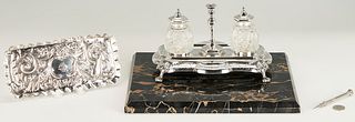 Sterling Inkstand w Marble Base, Pen Tray & Pencil