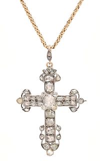 Georgian 14K, Sterling & Diamond Cross Necklace