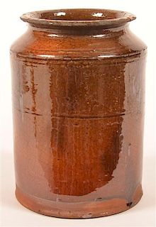 19th Century Mottle Glazed Redware Storage Jar.