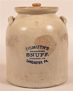 Demuth's Snuff Stoneware Two Gallon Crock.