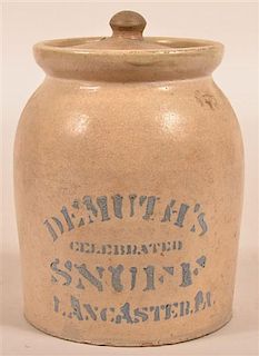 Demuth's Snuff Stoneware Half Gallon Crock.