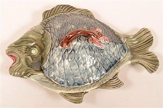 Majolica Pottery Fish Form Covered Dish.