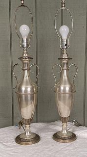 Pair Tall Silver Plated Urns, As Lamps