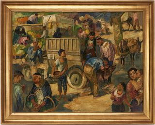 Ludvig Jacobsen O/C Painting, Market Day in Solier Malorca