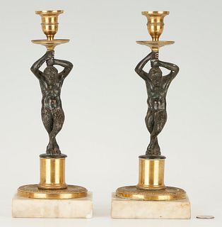 Pair of Figural Bronze Satyr Candlesticks