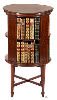 Sheraton Revival Inlaid Revolving Mahogany Bookcase + 28 Decorative Books