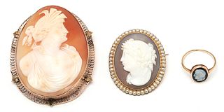 Three (3) Items: Gold Carved Cameo Brooches and Ring