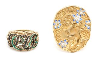 14K Art Nouveau Pin & 10K Victorian Initial Ring, 2 Enameled items