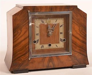 English Art Deco Burl Mahogany Shelf Clock.