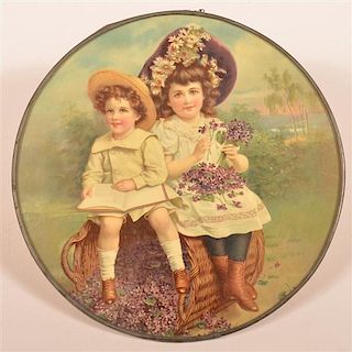 Children sitting on Basket of Violets Flue Cover.