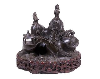 CHINESE BRONZE GROUP ON WOOD STAND