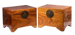 PAIR OF 19TH C. CHINESE CAMPHORWOOD BRONZE MOUNTED FOOTED CHESTS