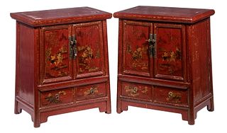 PAIR OF CHINESE QING RED LACQUERED SMALL CABINETS WITH GILT FIGURAL DECORATION