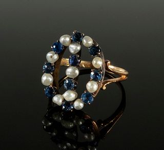 LADIES GOLD, PEARL & SAPPHIRE RING